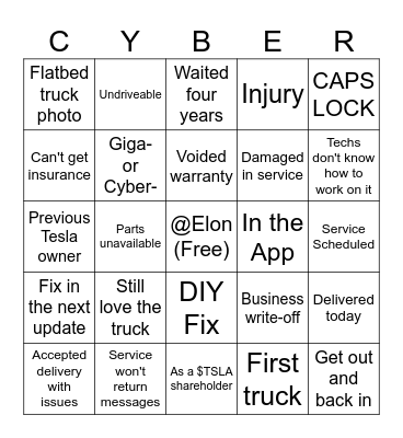 Cybertruck Twitter post Bingo Card