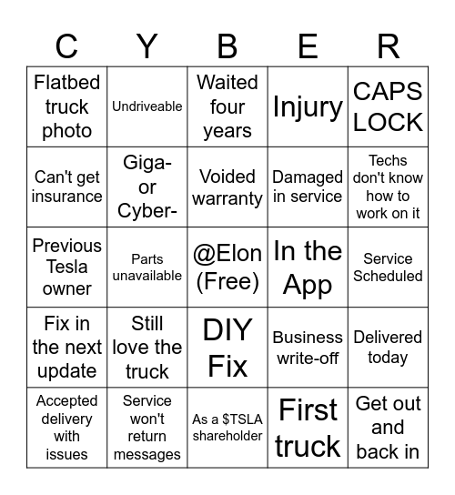 Cybertruck Twitter post Bingo Card