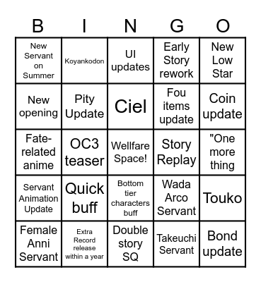 FGO 9th Anniversary Bingo V2 Bingo Card