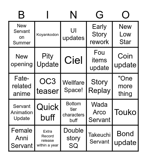 FGO 9th Anniversary Bingo V2 Bingo Card