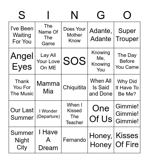 Mamma Mia Bingo Card