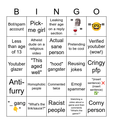 Youtube Shorts Comments Bingo Card