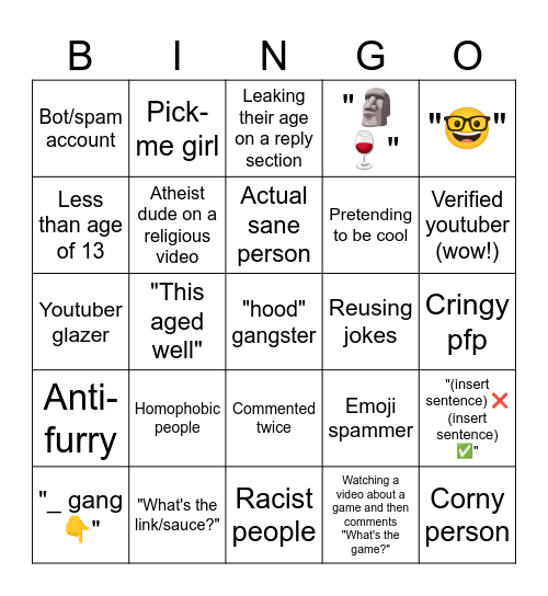 Youtube Shorts Comments Bingo Card