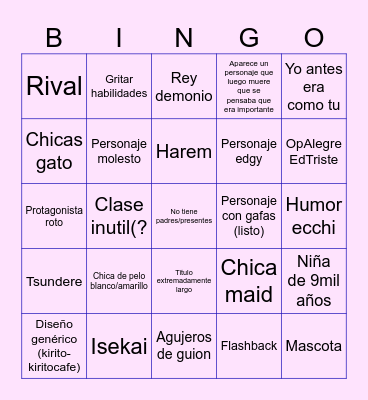 Anime Generico Bingo Card