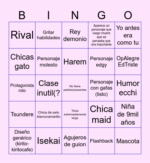 Anime Generico Bingo Card