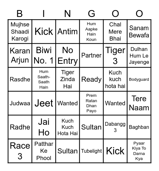 Salman Khan Movie Bingo Card