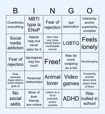 Socially anxious extrovert bingo Card