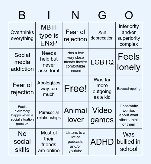 Socially anxious extrovert bingo Card