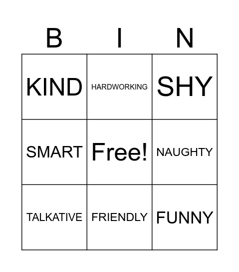 PERSONALITY BINGO Card