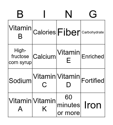 Nutrition Label Bingo! Bingo Card