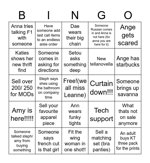 Knix Rideau Bingo Card