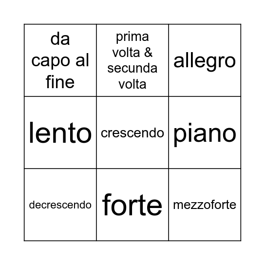 Italiaanse woorden 1 Bingo Card