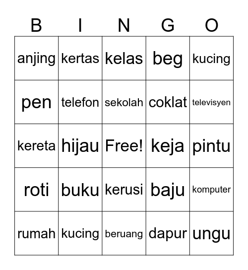 Malay Vocabulary Bingo Card