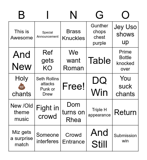 Wheeler Summer slam Bingo Card