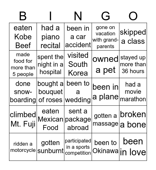 Have You Ever Bingo Card