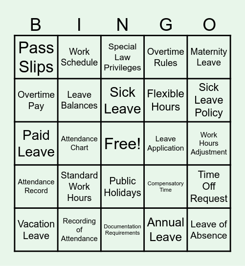 Work Hours and Leave Bingo Card