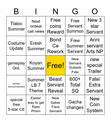 FGO 9th Anniversary Bingo Card