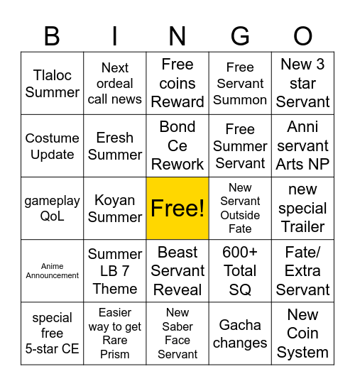 FGO 9th Anniversary Bingo Card