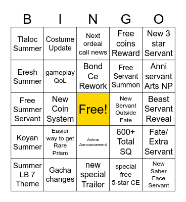 FGO 9th Anniversary Bingo Card