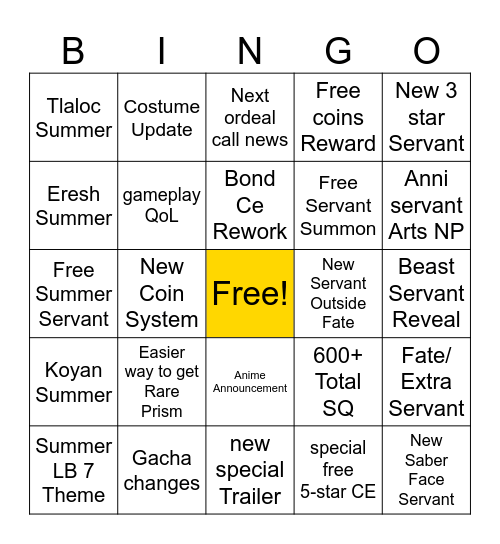 FGO 9th Anniversary Bingo Card