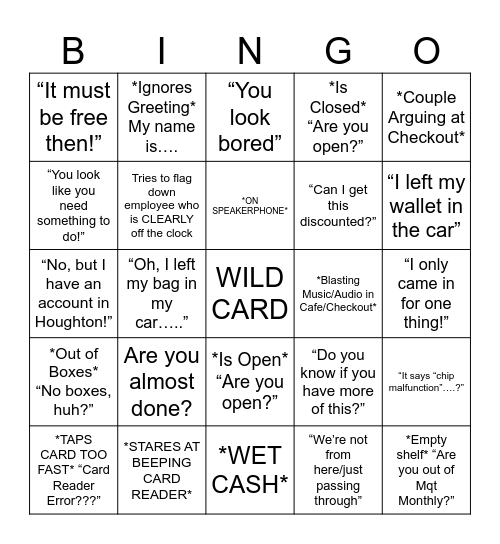 Cashier Bingo Card