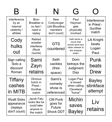SummerSlam 2024 Bingo Card
