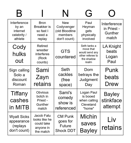 SummerSlam 2024 Bingo Card