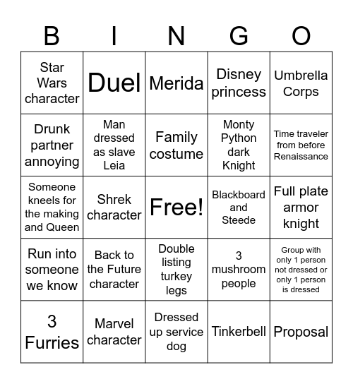 Ren Faire Bingo Card