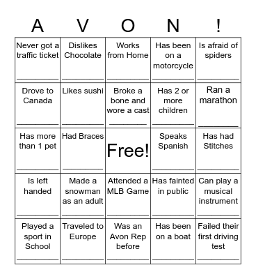 Avon Summer Open House Bingo Card