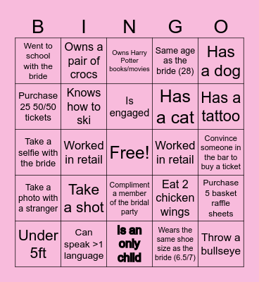 Stagette Bingo Card