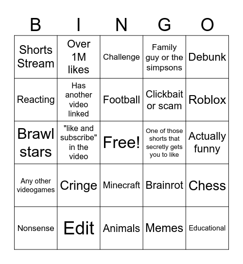 Yt Shorts Bingo Card