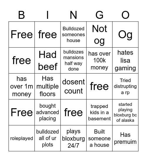bloxburg bingo Card