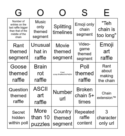 Raffle chain Bingo Card