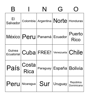 Hispanic Countries Bingo Card