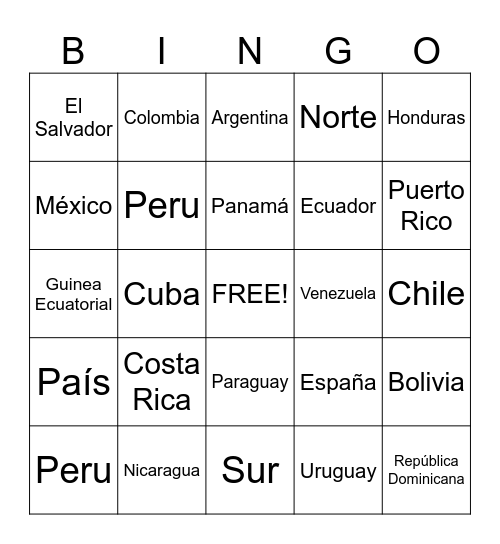 Hispanic Countries Bingo Card