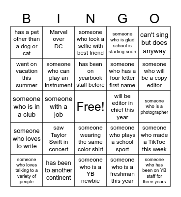 YEARBOOK BINGO Card