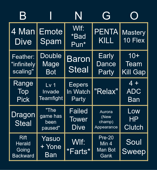 FP League In-house Tournament Bingo Card