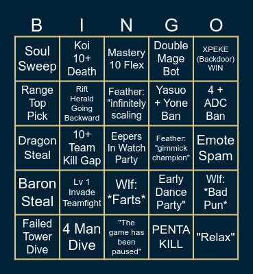 FP League In-house Tournament Bingo Card