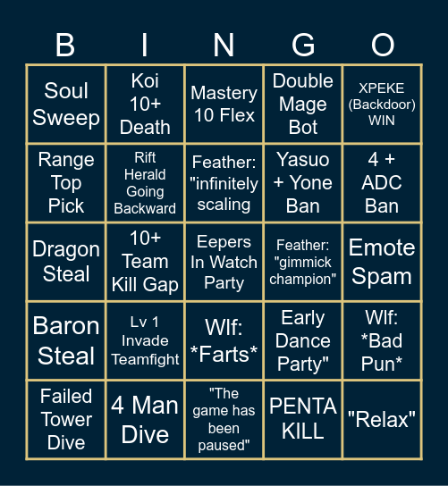 FP League In-house Tournament Bingo Card