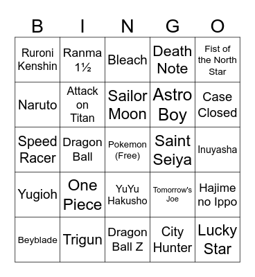 Katie Anime Taste Bingo Card