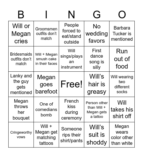 Will’s Wedding Bingo Card