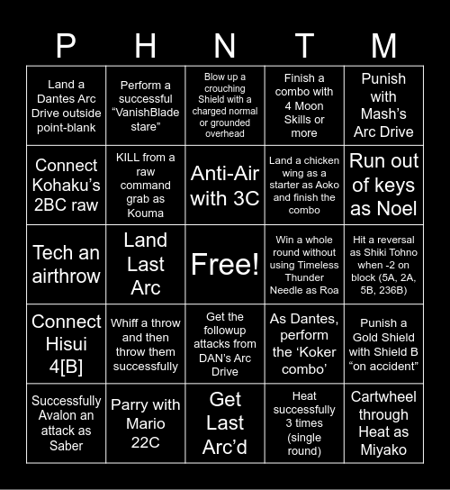 Team Phantom Bingo Card