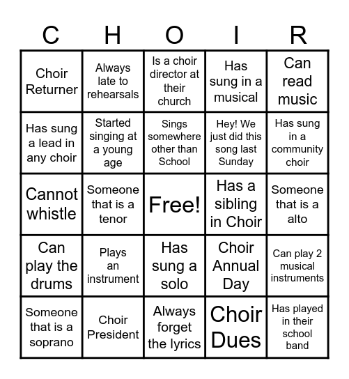 New Bethlehem MBC Choir BINGO Card