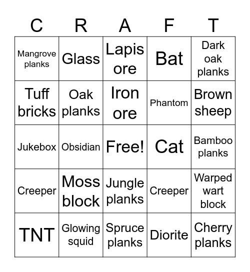 Minecraft mob and blocks bingo! Bingo Card