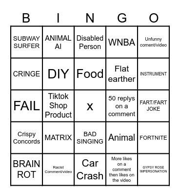 YOUTUBE SHORTS AND OR TIKTOK Bingo Card