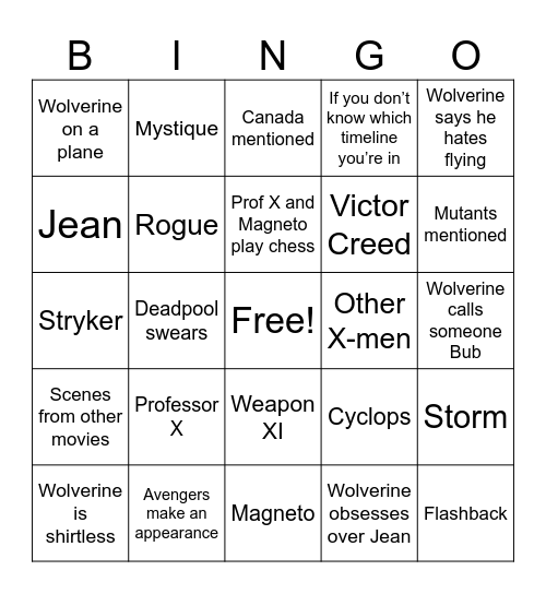 Deadpool & Wolverine Bingo Card