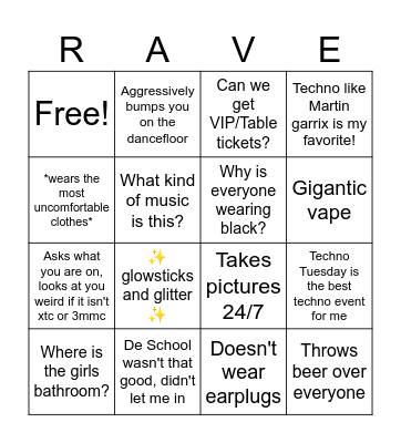 True Techno Raver Bingo Card