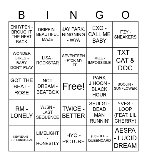k-pop songs bingo Card