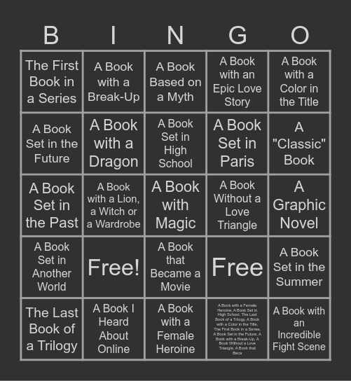 Reading Bingo Card