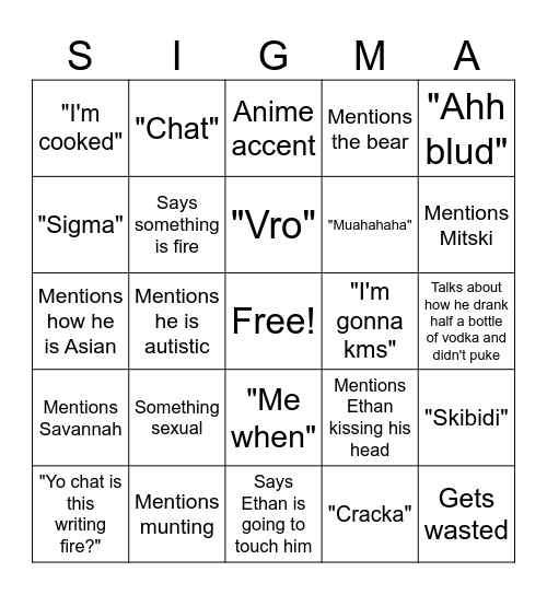 Landon Sigma Bingo Card